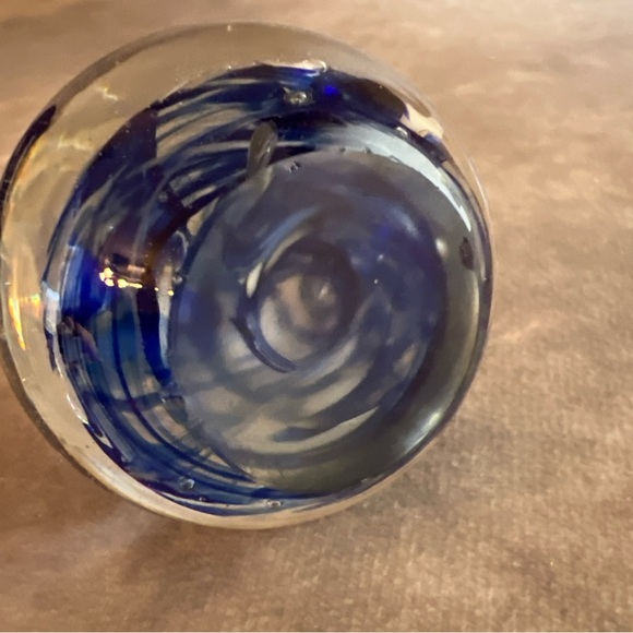 Small Hand-Blown Glass Paperweight With Swirling Blue & White Design - Picture 5 of 6